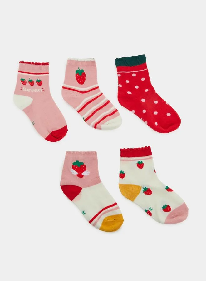 Styli Pack Of 5 - Girls Strawberry Print Cotton Socks